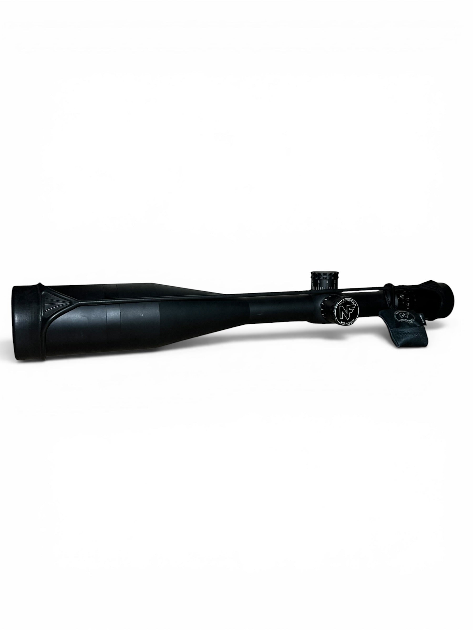 Optics Outlet UK used Nightforce NXS 8-32x56 rifle scope with black finish and illuminated NP-2DD reticle.